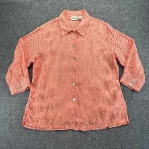 Chico's Linen Shirt Top Womens Size 2 Orange Striped 3/4 Sleeves Shell Button Up